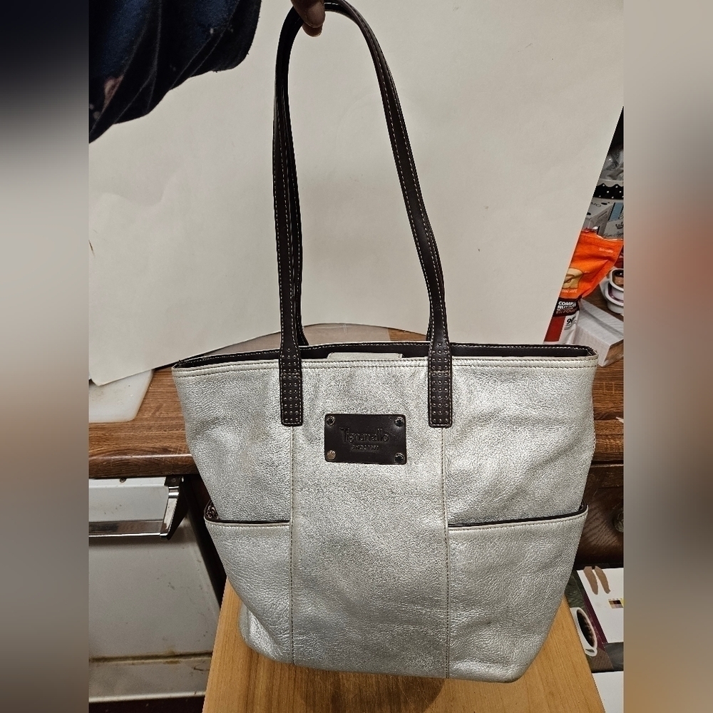 Tignanello Silver Pebbled Leather Shoulder Bag